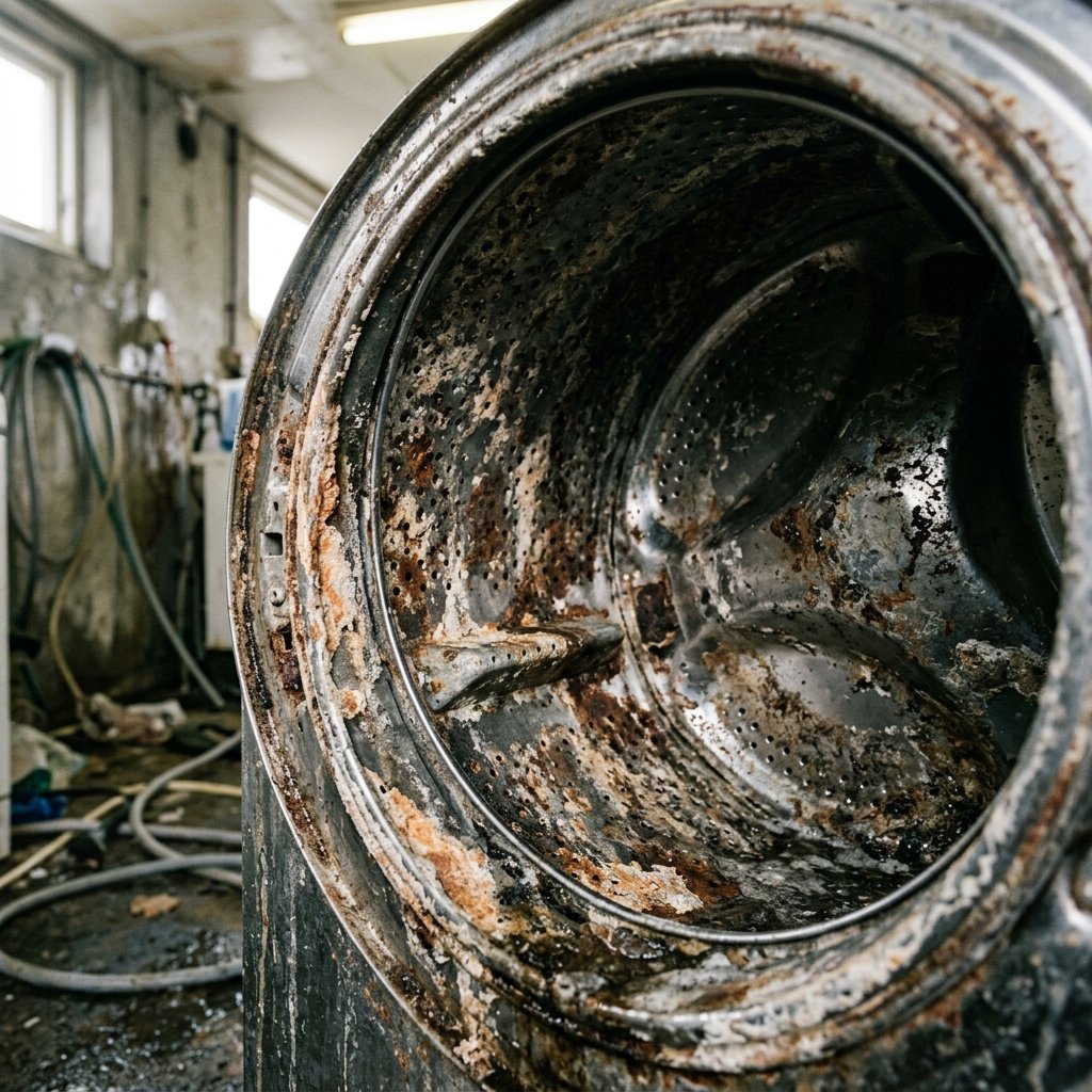 Corroded washing machine drum before repair